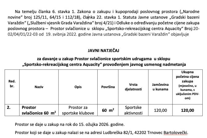 JAVNI NATJEČAJ za davanje u zakup Prostor svlačionice sportskim udrugama na Aquacityu 23.05.2022.