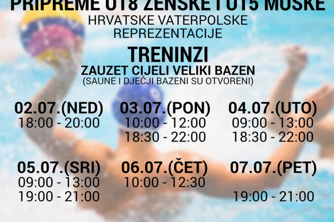 Pripreme Vaterpolske U18 ženske i U15 muške reprezentacije od nedjelje 02.07. do ponedjeljka 10.07.23.