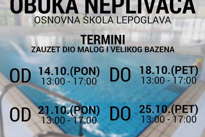 Obuka neplivača OŠ Lepoglava od ponedjeljka 14.09. do petka. 18.10.2024., te od 21. do 25.10.2024.