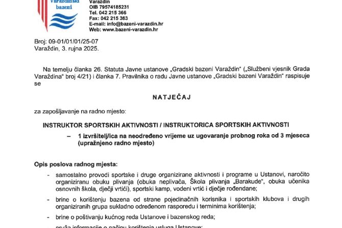Natječaj za zapošljavanje: radno mjesto Instruktor/ica sportskih aktivnosti na neodređeno vrijeme