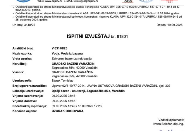 Ispitni izvještaji vode Bazeni Varaždin – Zavod za javno zdravstvo 09.09.2025