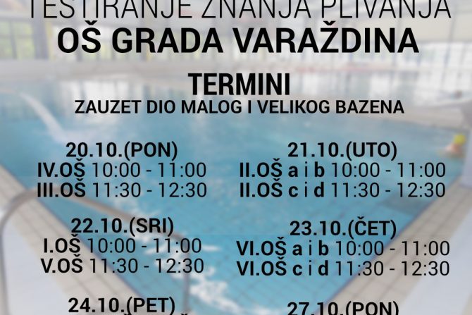 Testiranje znanja plivanja učenika drugih razreda Varaždinskih osnovnih škola, školska godina 2025./2026. od 20. do 27.10.2025.