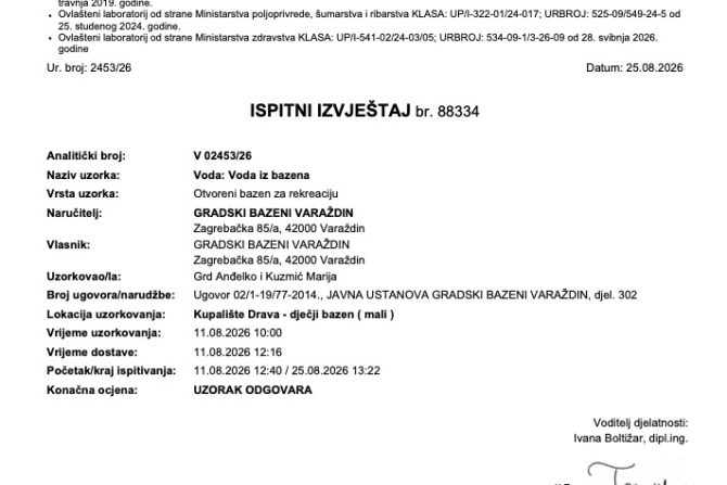 Ispitni izvještaji vode Kupalište Drava – Zavod za javno zdravstvo 11.08.2026