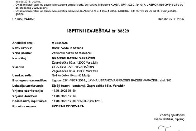 Ispitni izvještaji vode Bazeni Varaždin – Zavod za javno zdravstvo 11.08.2026