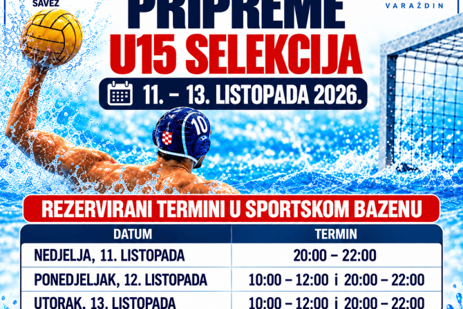 U15 selekcija HVS-a: rezervirani termini sportskog bazena od 11. do 13. listopada 2026.